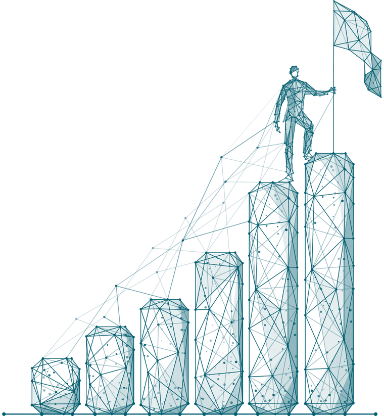 Illustration of a professional progressing across rising technology milestones toward a goal