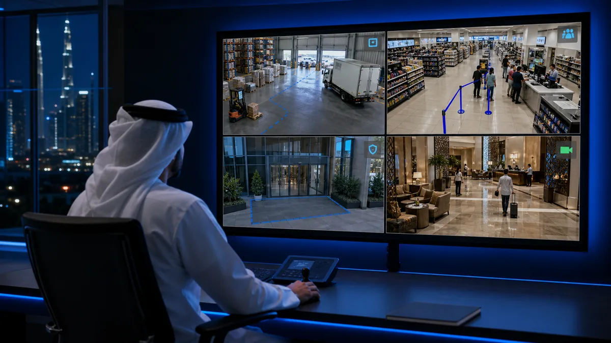 AI video analytics dashboard monitoring CCTV cameras across multiple UAE business locations